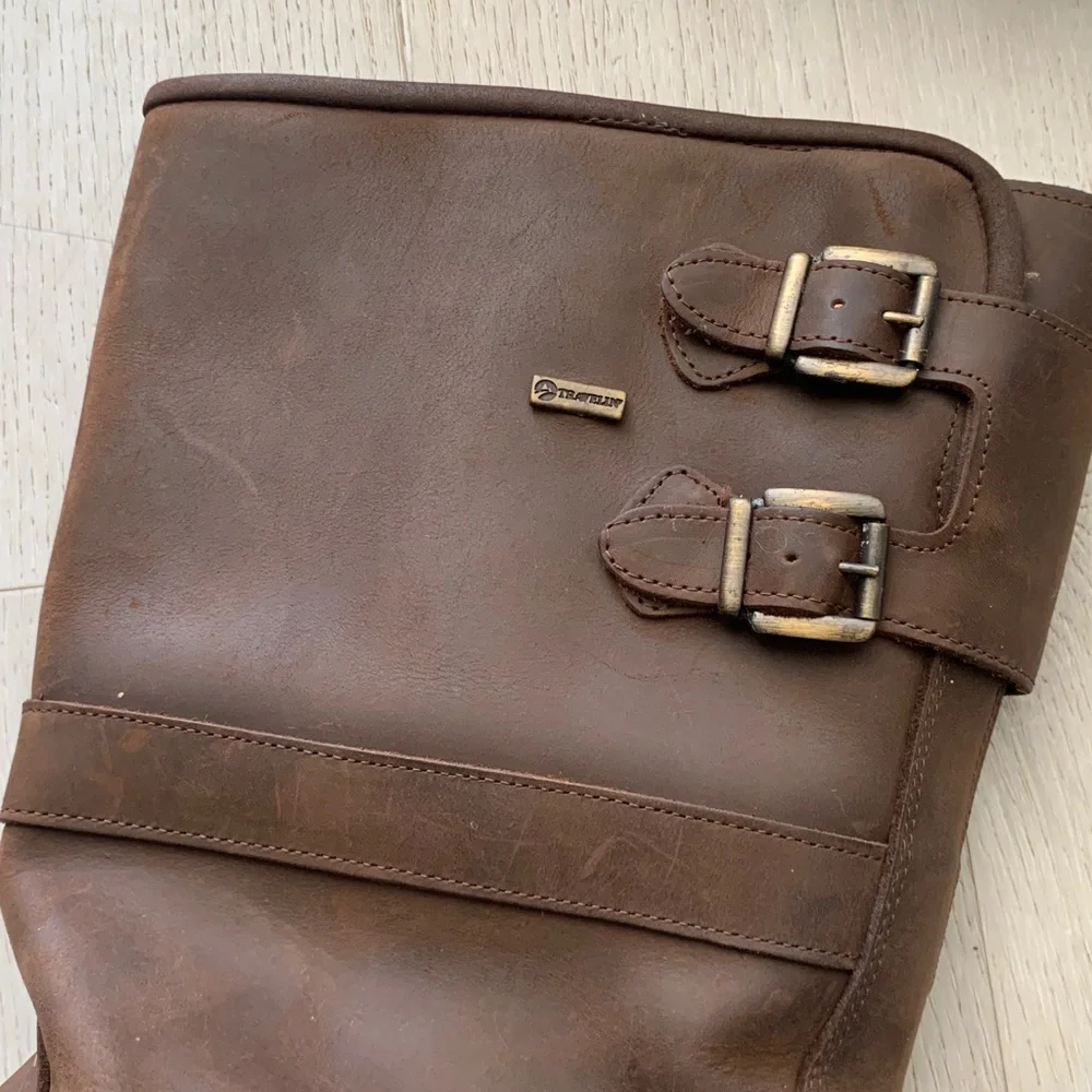 Traveling brown leather boots size 46 moto distressed‎ zipper buckle work farm